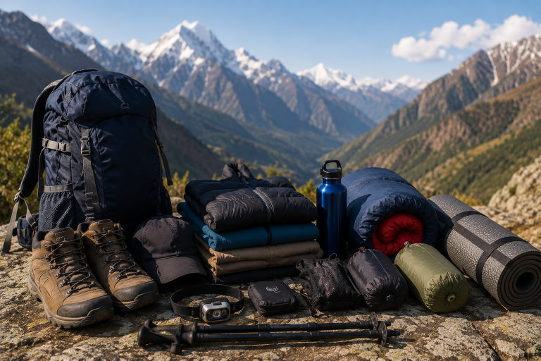 Essential trekking gear including a backpack, hiking boots, layered clothing, sleeping bag, sleeping mat, trekking poles, head torch and water bottle arranged outdoors with Himalayan mountains in the background.