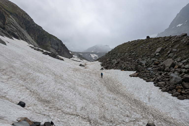 Snow-covered trail on the Hampta Pass Trek in Himachal Pradesh